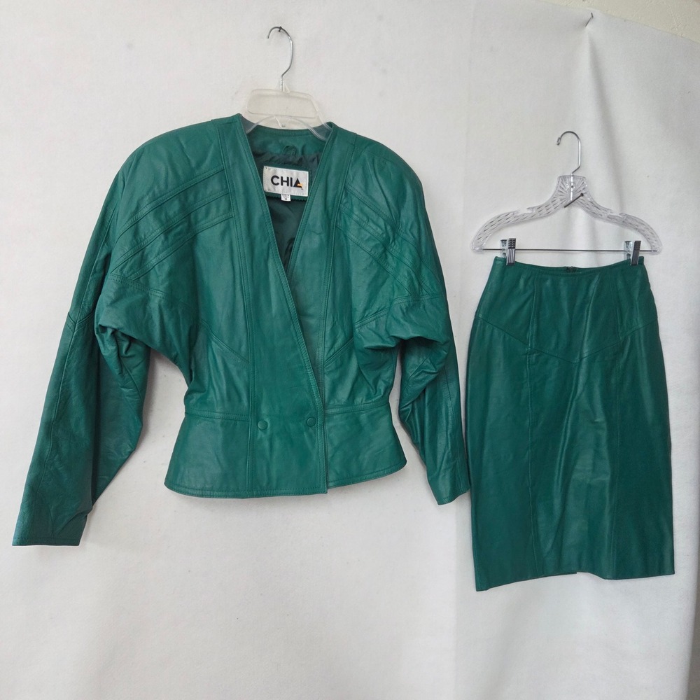 Chia Leather Suit Set Womens M/10 Green 80s Batwing Jacket Pencil Skirt Vintage